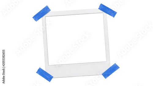 Empty polaroid photo frame with blue tape corners isolated on transparent background