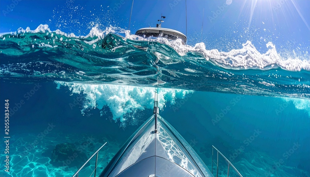 Fototapeta premium Boat under water ocean waves.