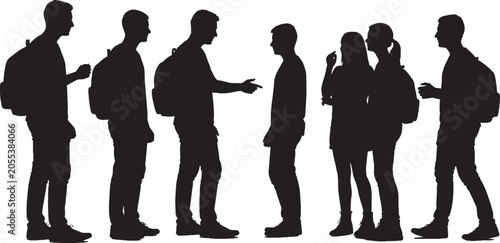 Silhouettes of a group of students standing and talking vector art