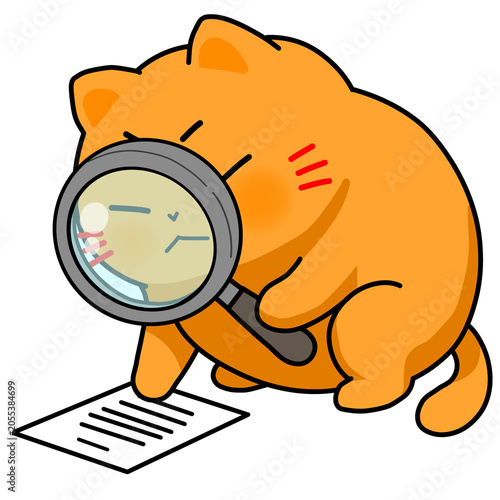 Obraz na plátně Cute cartoon of an orange cat holding magnifying glass inspecting  document care