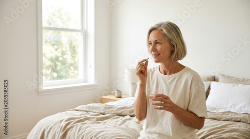 Womens health menopause middle aged woman taking vitamin supplement with glass of water smiling