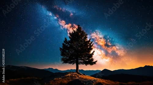 Night sky adventure starry landscape with tree silhouette mountain territory astrophotography tranquil environment elevated viewpoint