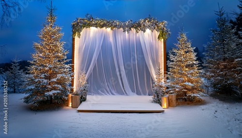 Winter Wonderland Photo Booth With Snowy Background And Illuminated Trees