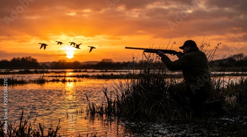 Hunter Aims Rifle at Ducks During Golden Sunset Over Marshland.
