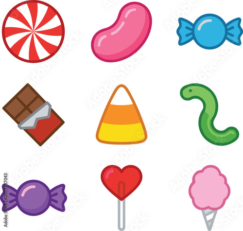 Photos Candy Icon Collection with Peppermint Candy, Jelly Bean, Wrapped Sweets, Chocola