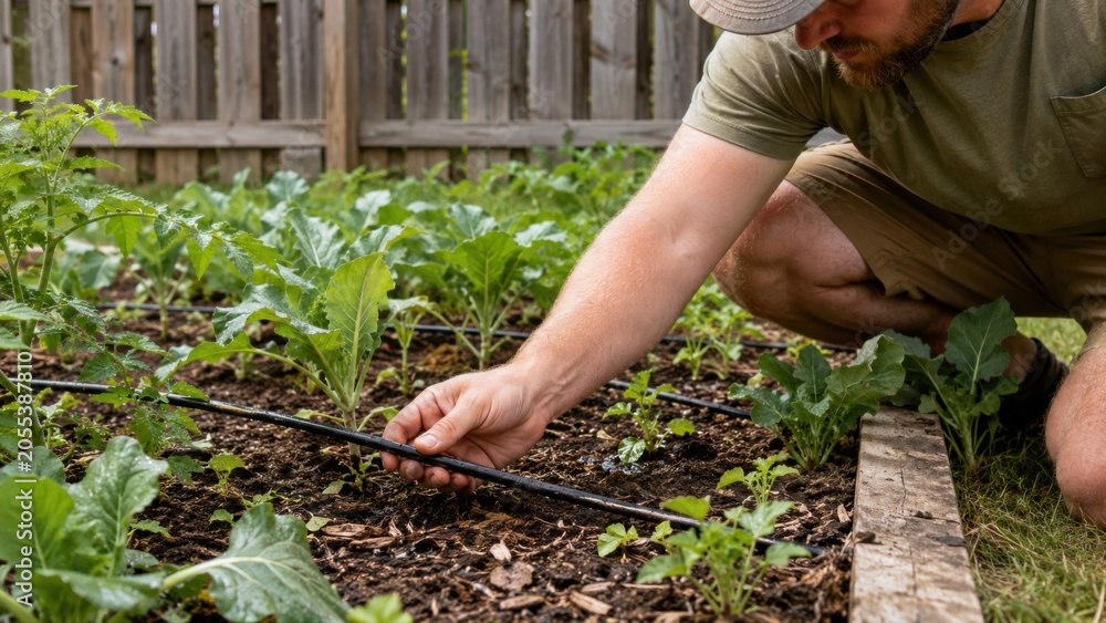 Fototapeta premium Gardener checks drip irrigation line in vegetable bed, showing watering system garden maintenance, smart irrigation and practical plant care.