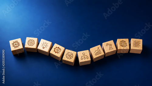Artificial Intelligence Technology Concept with Wooden Blocks Showing Digital Innovation Icons, Machine Learning, Automation, Data Network and Future Transformation in Modern Business