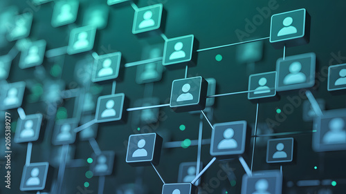 Network connections with glowing blue user icons and lines on dark background