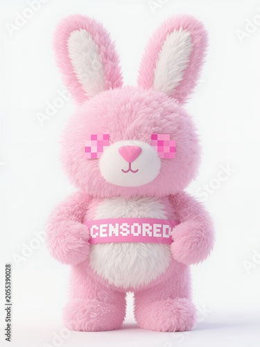 Pink Pixel-Eyed Bunny: Censored Plush Toy with Fluffy Design