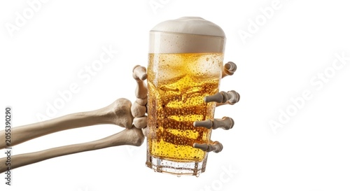 Skeleton Hand Holding a Refreshing Beer Mug with Foam.