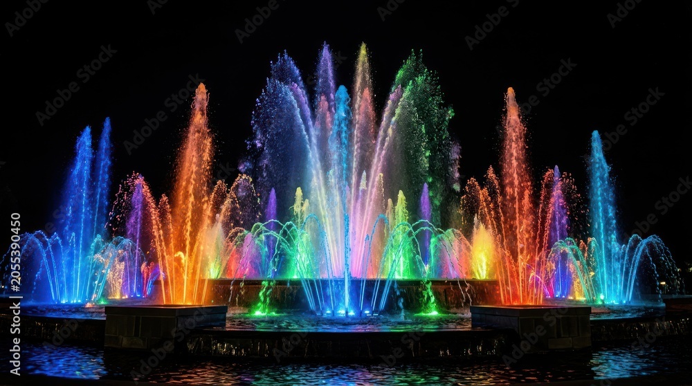 Naklejka premium Spectacular Illuminated Water Fountain Show at Night.