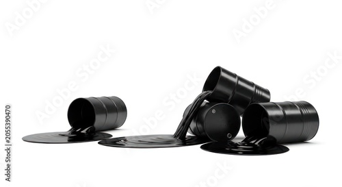 Spilled Black Oil Barrels on White Background.