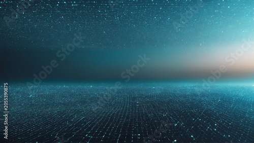 Blue particle field fading into warm sunset technology horizon