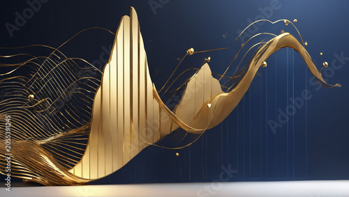 Luxury gold sculptural ribbon wave on navy abstract background