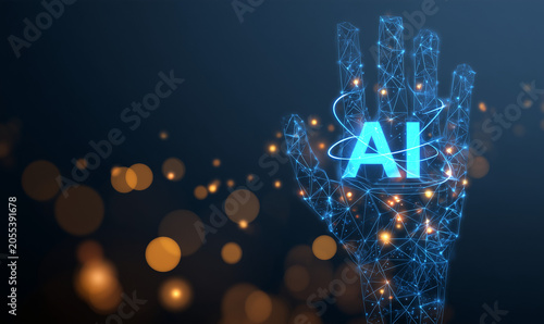 Artificial Intelligence Concept Floating Above Digital Hand with Glowing Energy