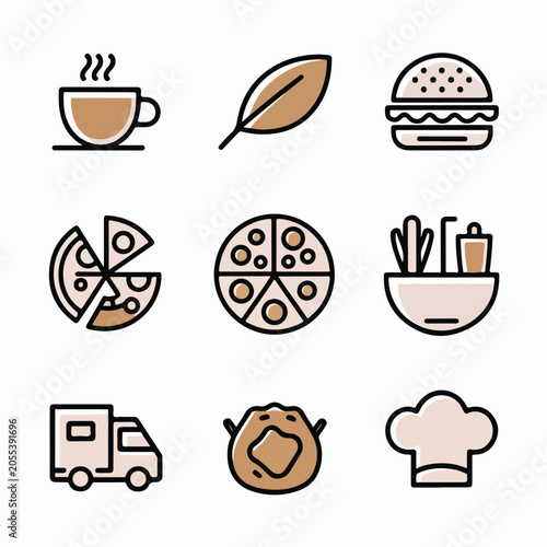 Modern Food and Beverage Minimal Icons Set with Coffee, Fast Food, and Delivery