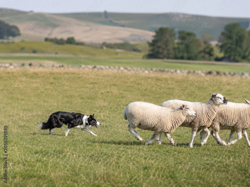 Fototapeta premium Border Collie Herding Sheep in a Green Pasture