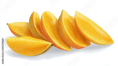 Set of mango slices isolated on a clean white background, showcasing fresh tropical fruit texture and vibrant golden-yellow color.