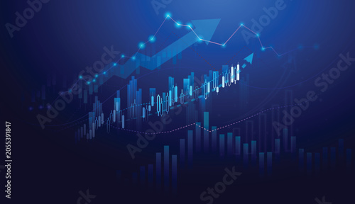 Stock market graphs. economy growth trading concept. futuristic stock market and arrow trading Illustration on technology blue background.