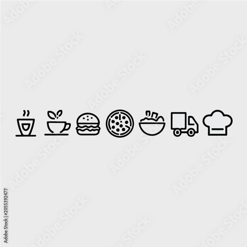 Modern Food and Beverage Minimal Icons Set with Coffee, Fast Food, and Delivery