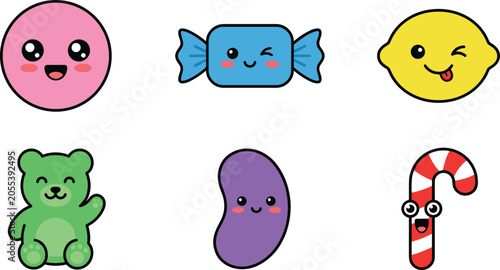 Photos Cute Kawaii Candy Character Collection with Smiling Sweet Treat Mascots, Gummy B