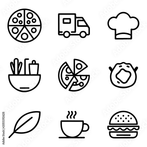 Modern Food and Beverage Minimal Icons Set with Coffee, Fast Food, and Delivery