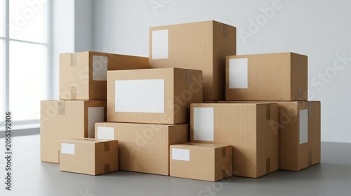 Minimalist Kraft Cardboard Box Mockup on Travertine Stone with Dried Plant Leaves