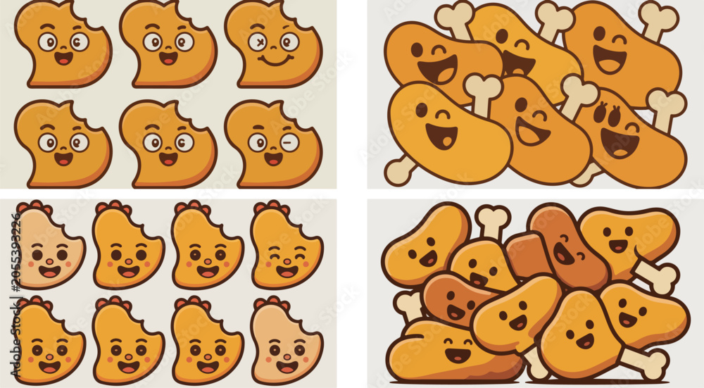 Obraz premium Collection of cartoon chicken drumsticks with various happy and smiling faces