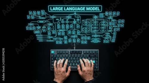 Person typing on a computer keyboard with a holographic large language model architecture diagram floating above.