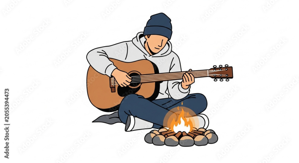 Fototapeta premium Young Man Playing Acoustic Guitar Near Campfire Vector Illustration