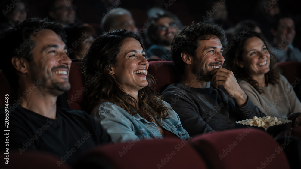Fototapeta premium A group of friends enjoying a comedy film at the movies, showcasing laughter and camaraderie in a vibrant cinema atmosphere.