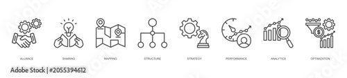 affiliate program management icon set collection in line style. icon set consist of alliance, sharing, mapping, structure, strategy, performance, analytics, optimization