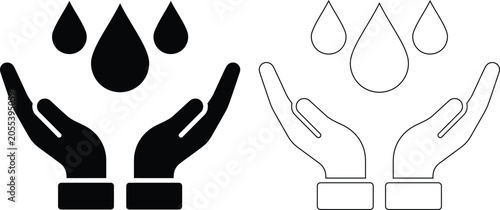 Hands holding water droplets icon in solid and outlined graphic design with droplets conservation protection environment sustainability resource awareness
