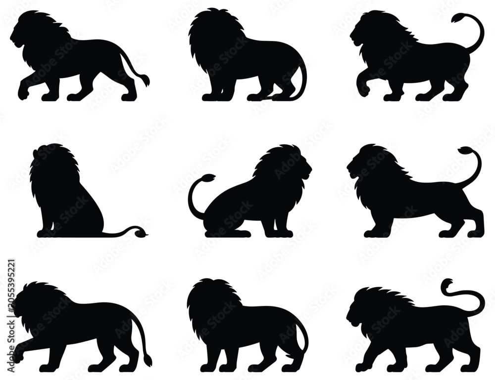 Obraz premium Nine Lion Silhouettes In Various Poses Black And White Silhouette