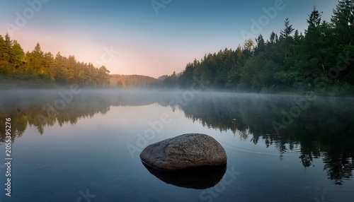 Serene Stillness A Single Smooth River Rock Reflects In Tranquil Water Backdropped By A Misty Forest At Dawn