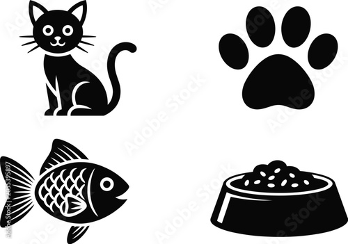 Black pet shop icon set featuring a sitting cat silhouette animal paw print goldfish icon and full pet food bowl vector.