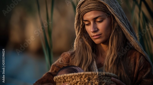 A young Hebrew mother places her infant Moses into a papyrus basket beside the Nile at dawn, entrusting her beloved child to God’s protection and a future shaped by divine purpose.
