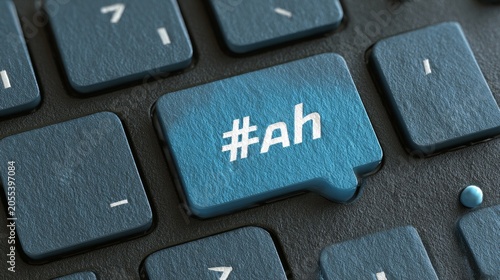 Top view image of a computer keyboard with a speech bubble containing a hashtag icon, representing digital communication, social media, and online messaging concepts.