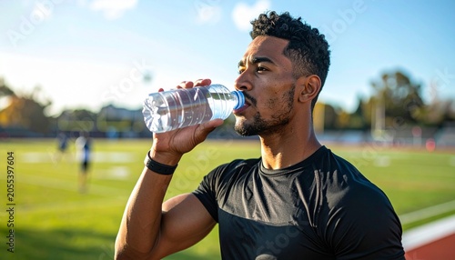 Young Man Drinking Water After Exercise Outdoors.