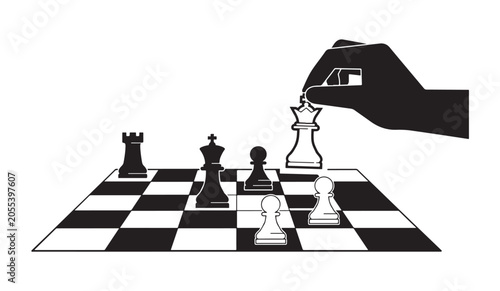 Foto Hand moving queen piece on chess board in strategic game play black and white vector art