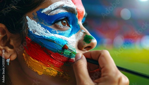 Young Girl with Face Painted in Rainbow Colors at Sports Event.