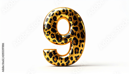 Shiny 3D Number Nine with Gold and Leopard Print Pattern on White Background