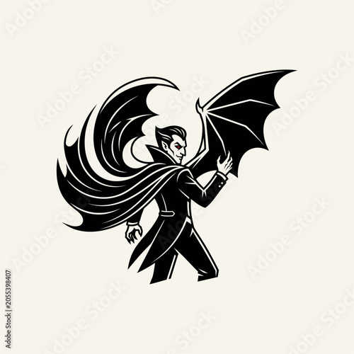 Stylized Vampire Silhouette with Large Bat Wings and Cape Vector Graphic