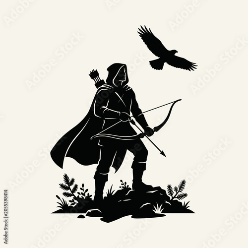 Heroic Archer Silhouette with Bow and Arrow Standing on Rock with Flying Hawk