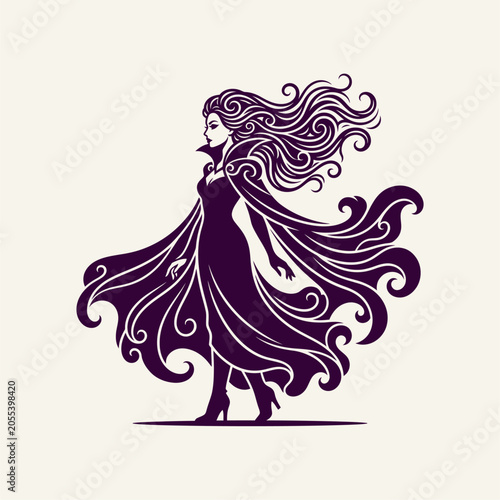 Elegant Vampire Woman Silhouette with Long Flowing Hair and Dress Vector Art