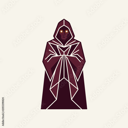 Mysterious Hooded Figure with Glowing Eyes Geometric Illustration