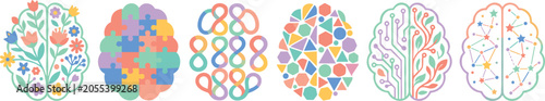 Neurodiversity and Mental Health Brain Icon Set Featuring Neurodivergent Diversity Concepts Flowers Puzzle Pieces Infinity Symbols Geometry Digital Circuits and Constellations