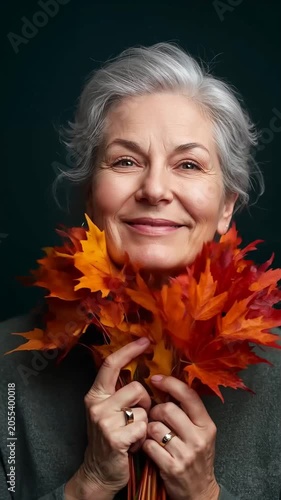 adult positive woman with an autumn leaf