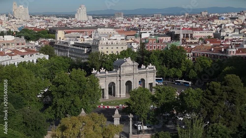 Aerial view of Puerta de Alcala gate landmark in Madrid