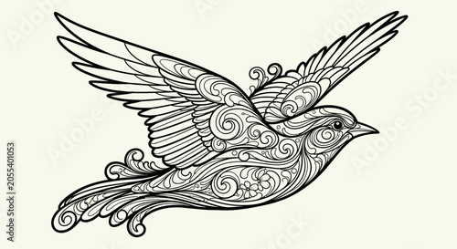 Fényképezés Ornate Bird Illustration: Swirling Patterns, Flying Silhouette, Decorative Art,